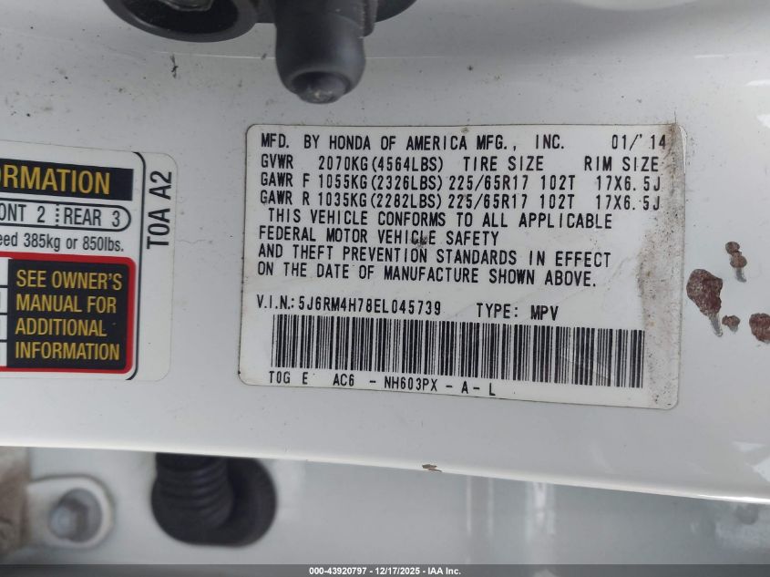 2014 Honda Cr-V Ex-L VIN: 5J6RM4H78EL045739 Lot: 43920797