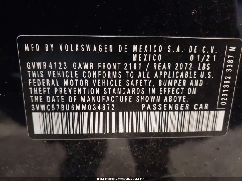 2021 Volkswagen Jetta 1.4T R-Line/1.4T S/1.4T Se VIN: 3VWC57BU6MM034872 Lot: 43920803