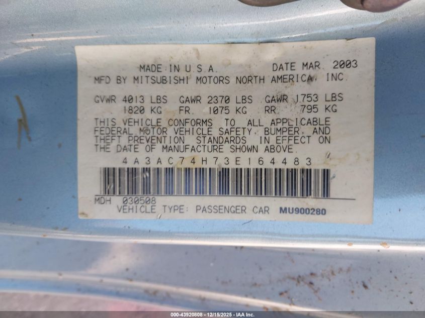 2003 Mitsubishi Eclipse Gts VIN: 4A3AC74H73E164483 Lot: 43920808