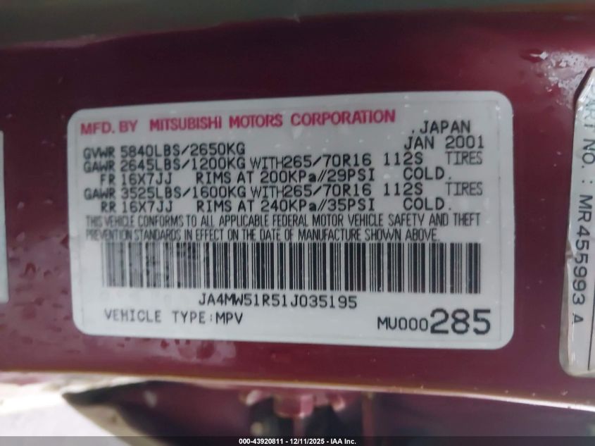 2001 Mitsubishi Montero Limited VIN: JA4MW51R51J035195 Lot: 43920811