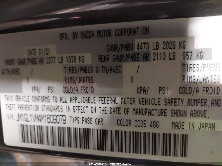 2021 Mazda Mazda6 Touring VIN: JM1GL1VM4M1609079 Lot: 43920812