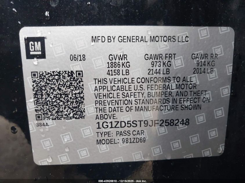 2018 Chevrolet Malibu Lt VIN: 1G1ZD5ST9JF258248 Lot: 43920818