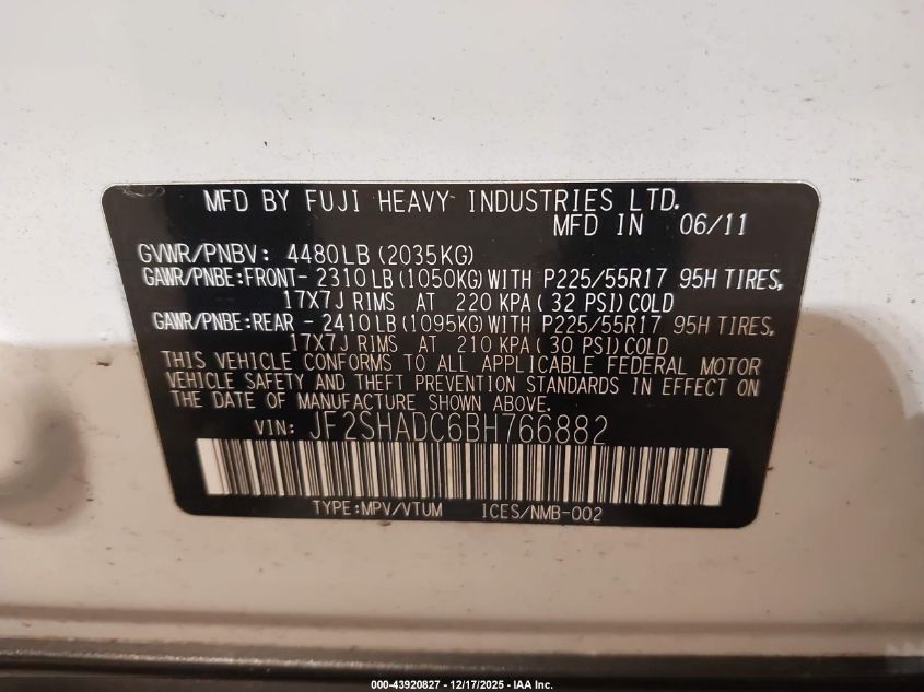 2011 Subaru Forester 2.5X Premium VIN: JF2SHADC6BH766882 Lot: 43920827
