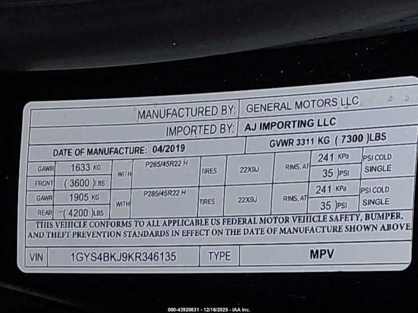 2019 Cadillac Escalade Luxury VIN: 1GYS4BKJ9KR346135 Lot: 43920831