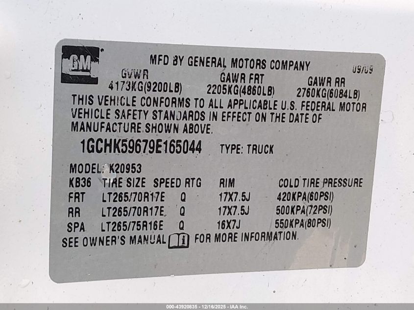 2009 Chevrolet Silverado 2500Hd Lt VIN: 1GCHK59679E165044 Lot: 43920835