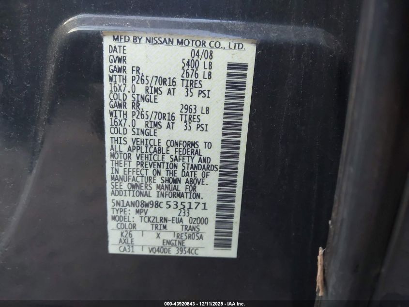 2008 Nissan Xterra S VIN: 5N1AN08W98C535171 Lot: 43920843