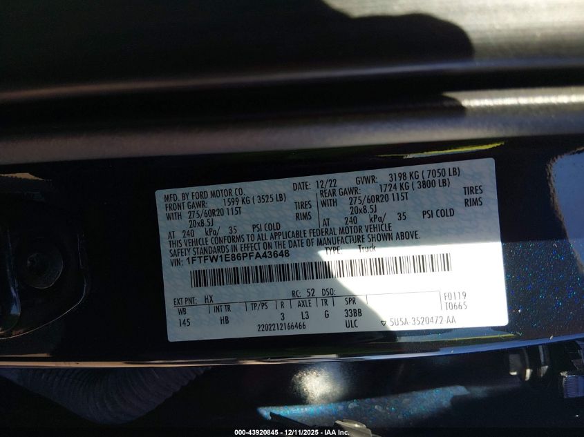 2023 Ford F-150 Lariat VIN: 1FTFW1E86PFA43648 Lot: 43920845