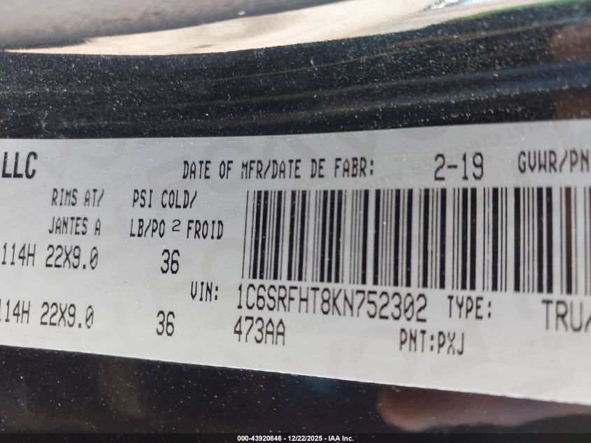 2019 Ram 1500 Limited VIN: 1C6SRFHT8KN752302 Lot: 43920846