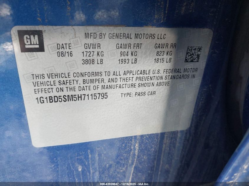 2017 Chevrolet Cruze Lt Manual VIN: 1G1BD5SM5H7115795 Lot: 43920847