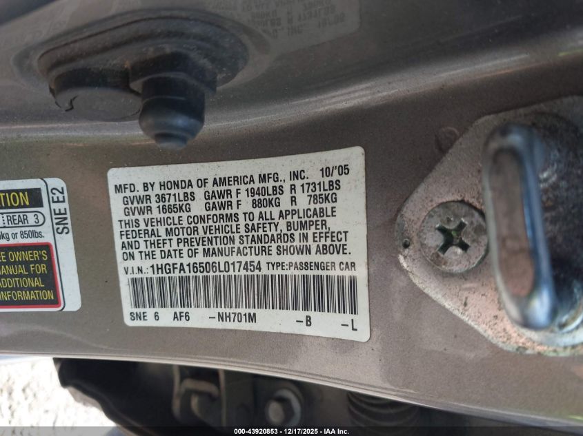 2006 Honda Civic Lx VIN: 1HGFA16506L017454 Lot: 43920853