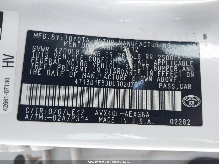 2013 Toyota Avalon Hybrid Xle Touring VIN: 4T1BD1EB3DU002073 Lot: 43920855