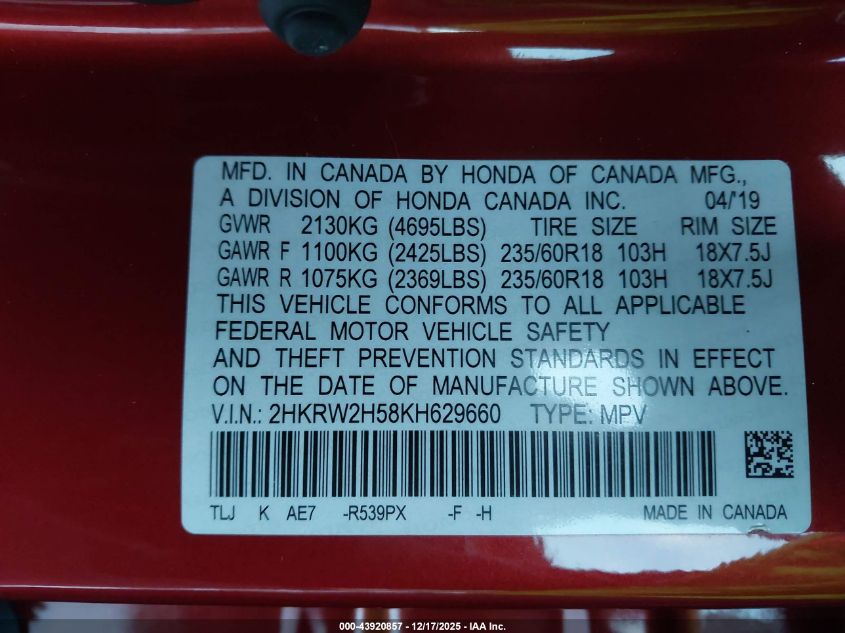 2019 Honda Cr-V Ex VIN: 2HKRW2H58KH629660 Lot: 43920857