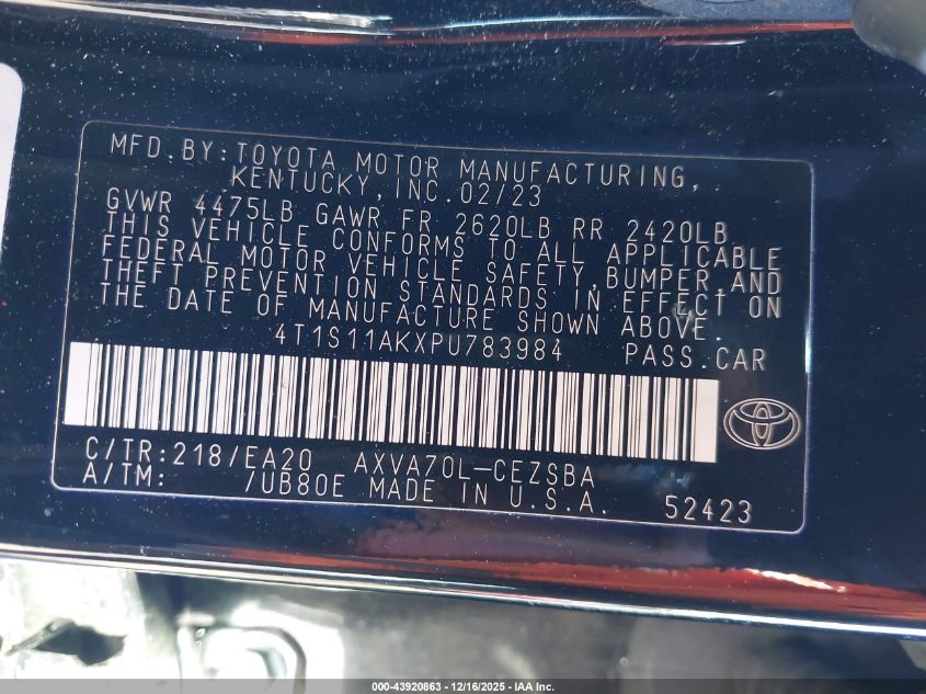 2023 Toyota Camry Se VIN: 4T1S11AKXPU783984 Lot: 43920863