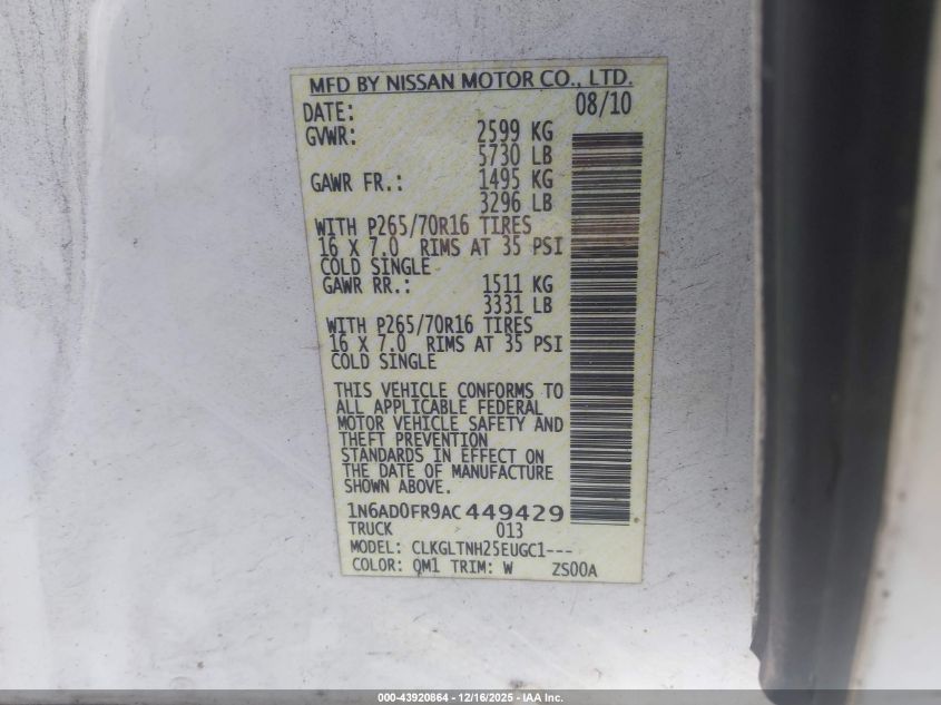 2010 Nissan Frontier Se VIN: 1N6AD0FR9AC449429 Lot: 43920864