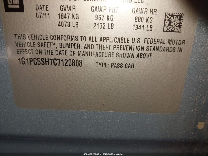 2012 Chevrolet Cruze Ls VIN: 1G1PC5SH7C7120808 Lot: 43920867