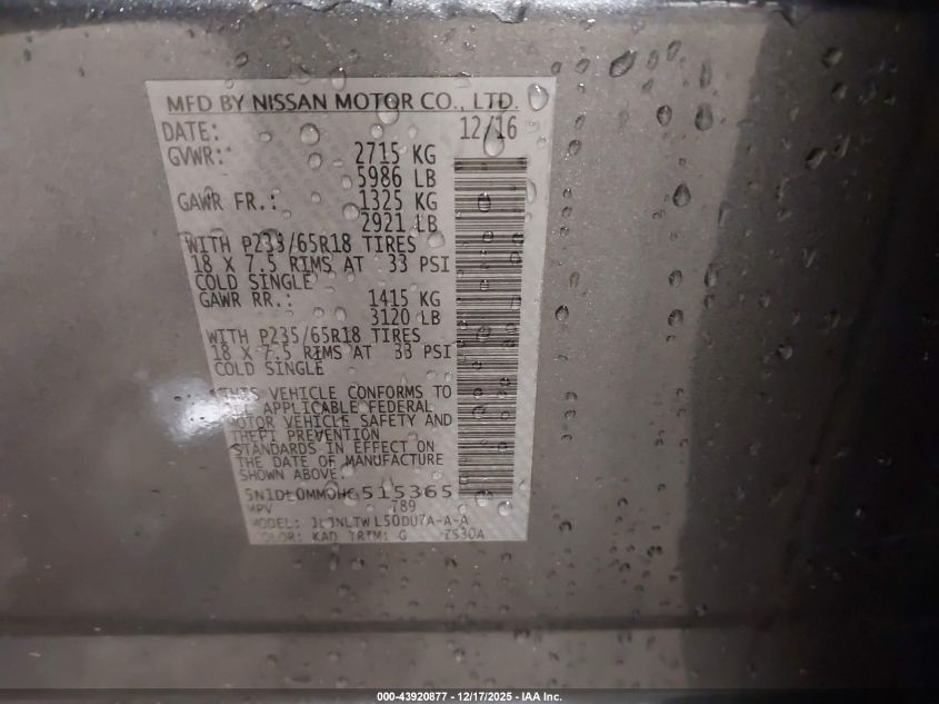 2017 Infiniti Qx60 VIN: 5N1DL0MM0HC515365 Lot: 43920877