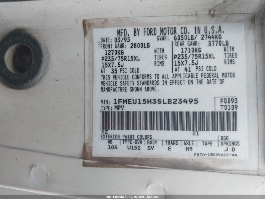 1995 Ford Bronco U100 VIN: 1FMEU15H3SLB23495 Lot: 43920878
