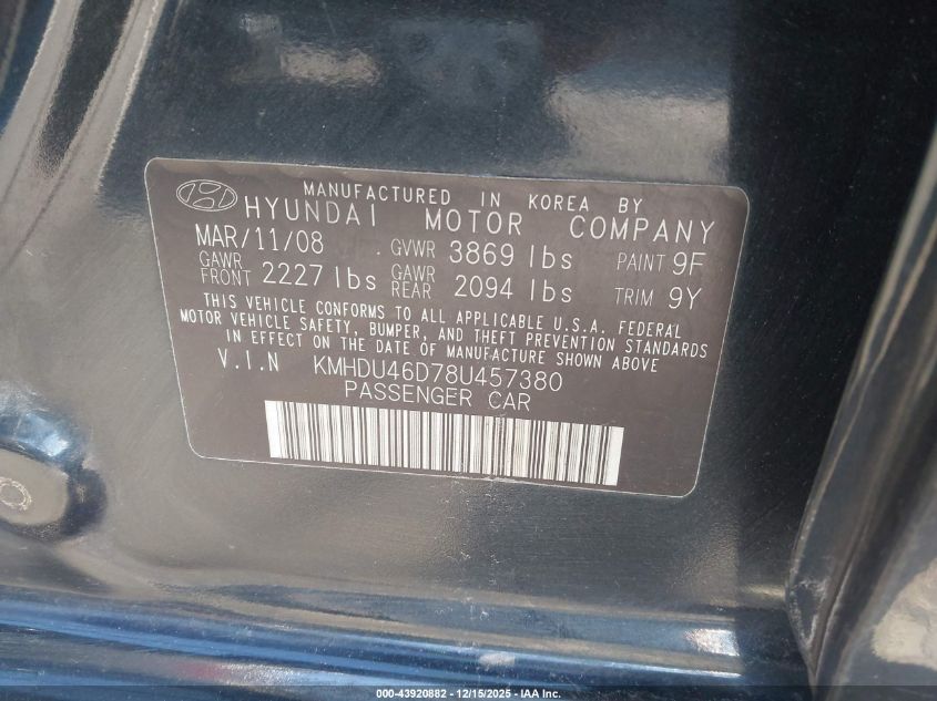2008 Hyundai Elantra Gls/Se VIN: KMHDU46D78U457380 Lot: 43920882