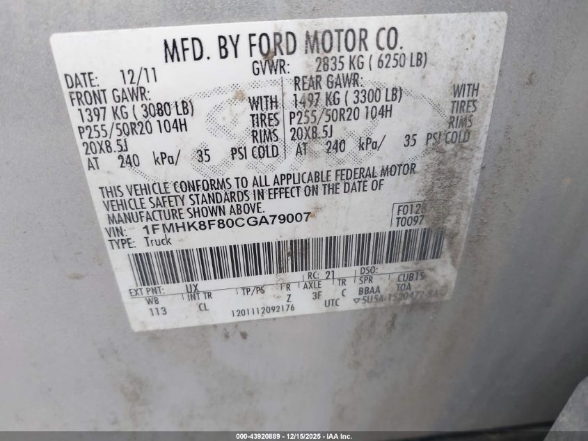 2012 Ford Explorer Limited VIN: 1FMHK8F80CGA79007 Lot: 43920889