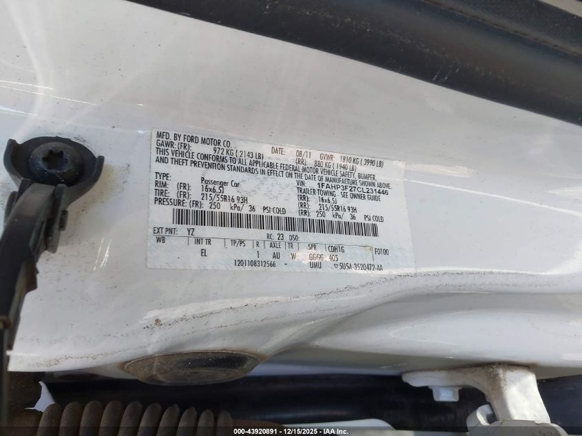 2012 Ford Focus Se VIN: 1FAHP3F27CL231446 Lot: 43920891