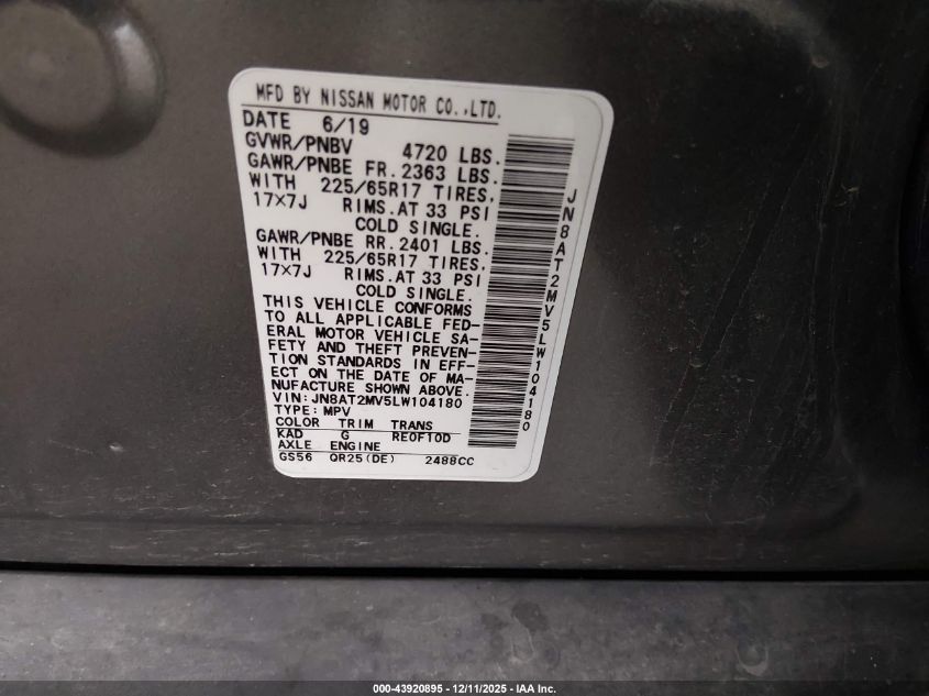 2020 Nissan Rogue Sv Intelligent Awd VIN: JN8AT2MV5LW104180 Lot: 43920895