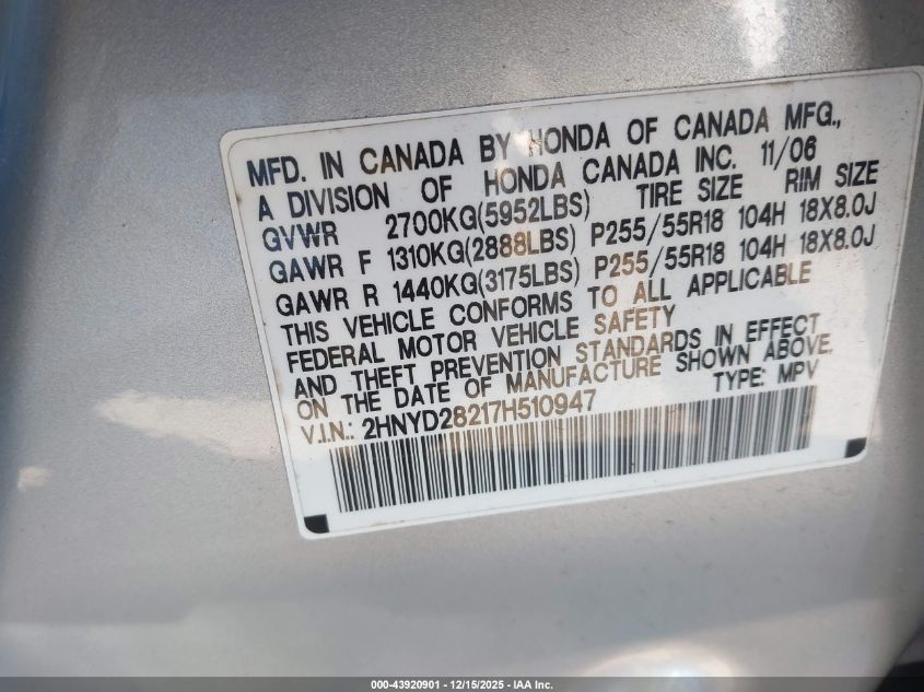 2007 Acura Mdx VIN: 2HNYD28217H510947 Lot: 43920901