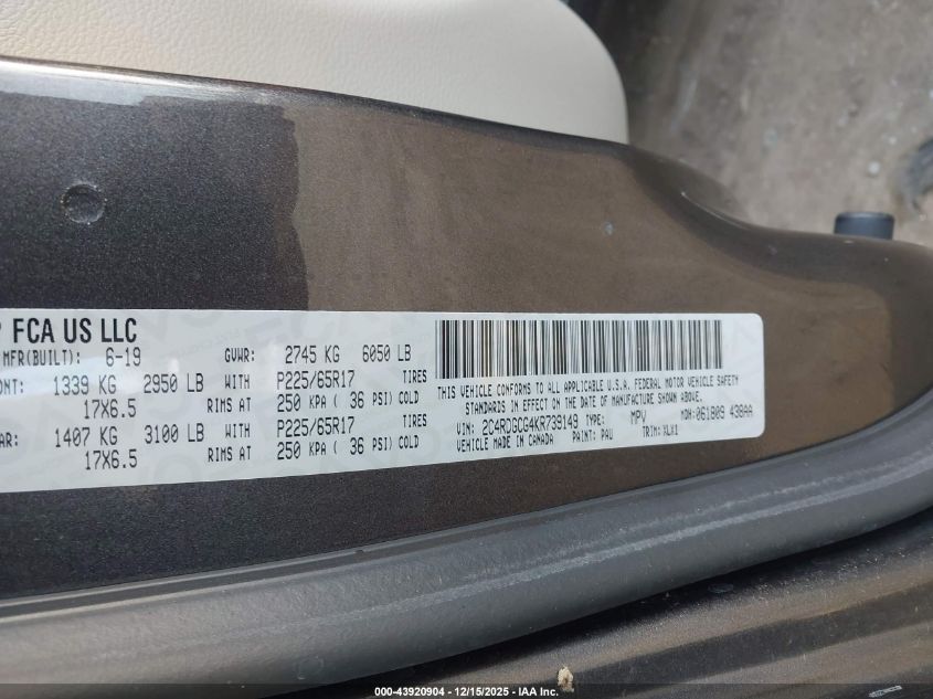 2019 Dodge Grand Caravan Sxt VIN: 2C4RDGCG4KR739149 Lot: 43920904