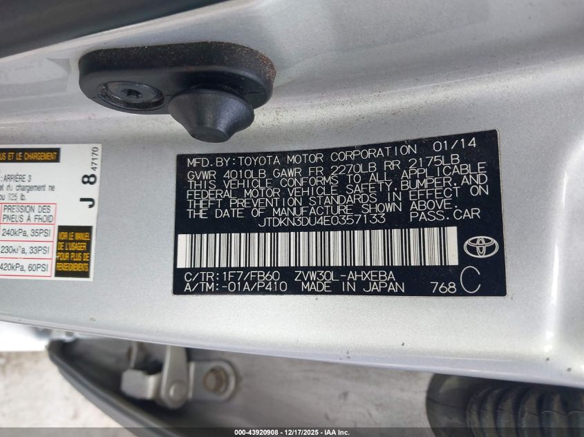 2014 Toyota Prius Two VIN: JTDKN3DU4E0357133 Lot: 43920908