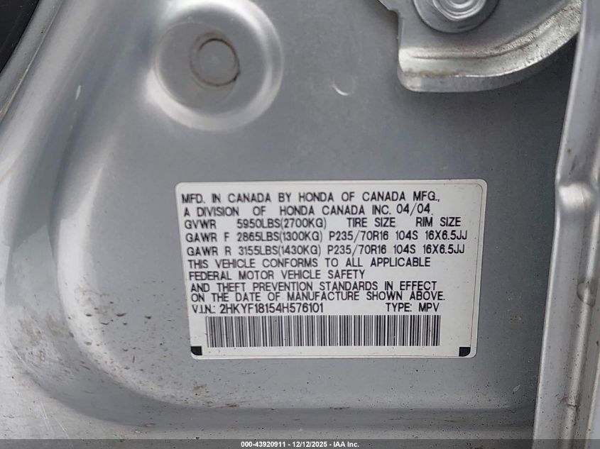 2004 Honda Pilot Lx VIN: 2HKYF18154H576101 Lot: 43920911