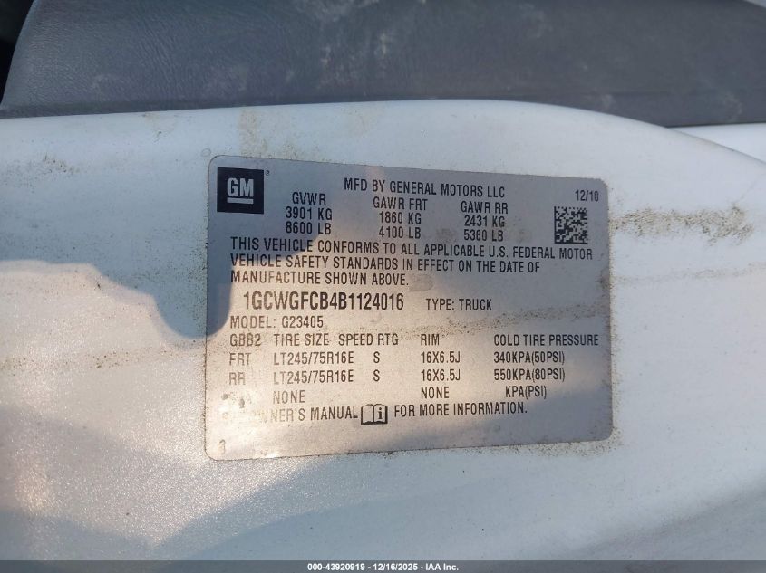 2011 Chevrolet Express 2500 Work Van VIN: 1GCWGFCB4B1124016 Lot: 43920919