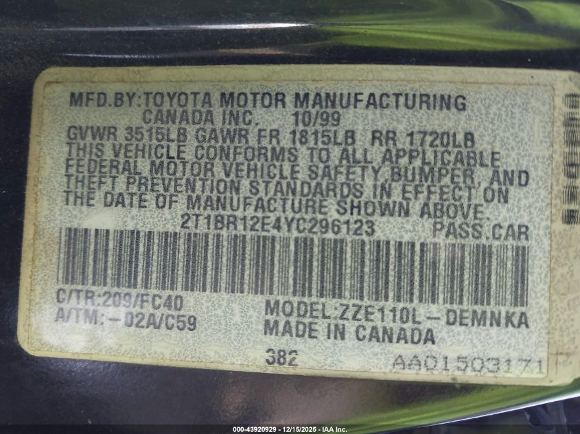 2000 Toyota Corolla Le VIN: 2T1BR12E4YC296123 Lot: 43920929