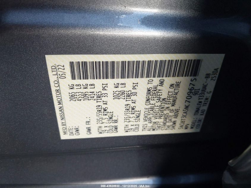 2022 Nissan Rogue Sl VIN: 5N1BT3CA5NC709675 Lot: 43920930