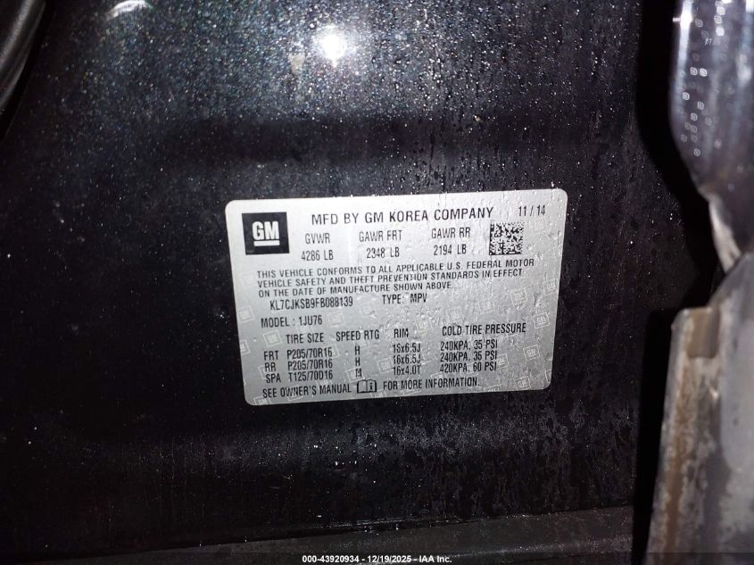 2015 Chevrolet Trax 1Ls VIN: KL7CJKSB9FB088139 Lot: 43920934