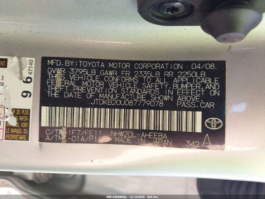 2008 Toyota Prius Touring VIN: JTDKB20U087779078 Lot: 43920936