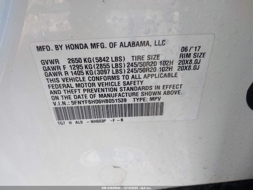 2017 Honda Pilot Elite VIN: 5FNYF6H06HB051539 Lot: 43920940