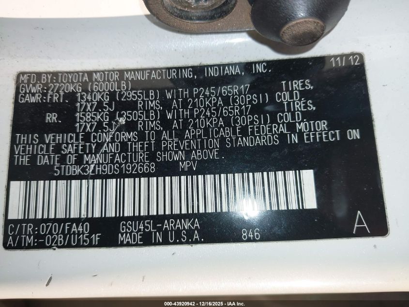 2013 Toyota Highlander Base Plus V6 VIN: 5TDBK3EH9DS192668 Lot: 43920942