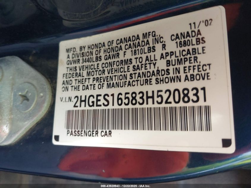 2003 Honda Civic Lx VIN: 2HGES16583H520831 Lot: 43920943