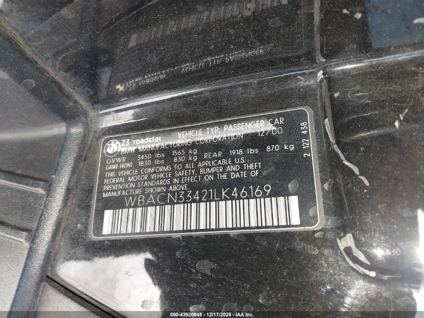 2001 BMW Z3 2.5I VIN: WBACN33421LK46169 Lot: 43920945