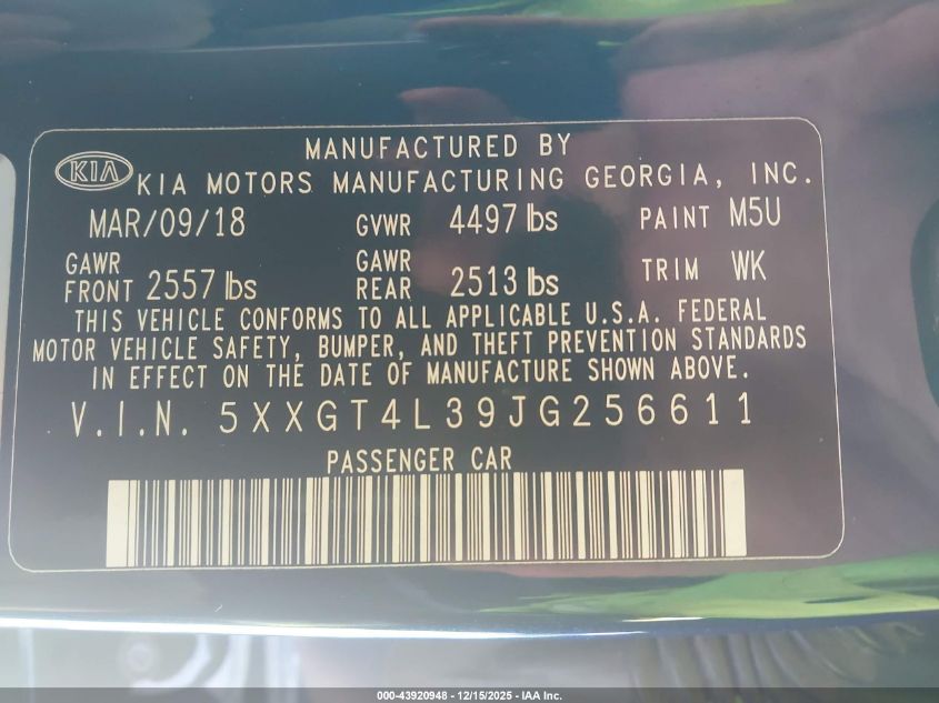 2018 Kia Optima S VIN: 5XXGT4L39JG256611 Lot: 43920948