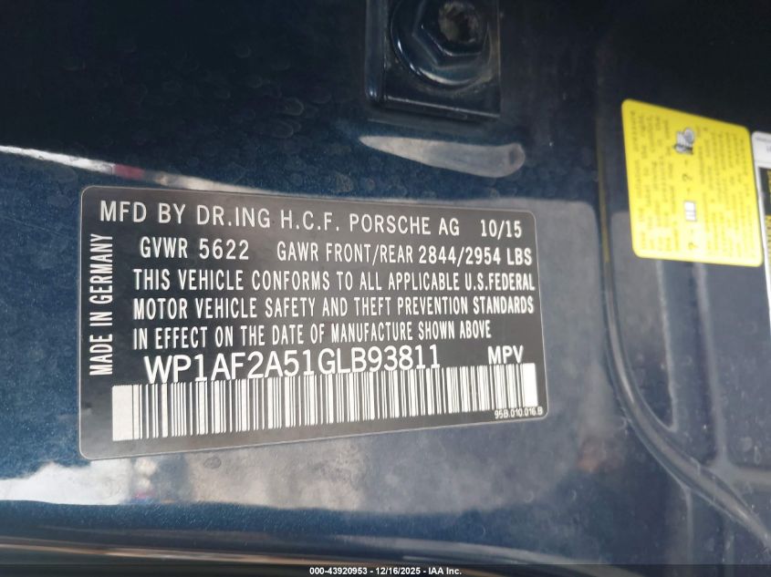 2016 Porsche Macan Turbo VIN: WP1AF2A51GLB93811 Lot: 43920953