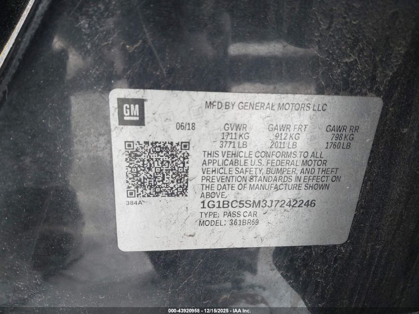 2018 Chevrolet Cruze Ls Auto VIN: 1G1BC5SM3J7242246 Lot: 43920958