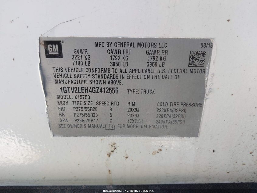 2016 GMC Sierra 1500 VIN: 1GTV2LEH4GZ412556 Lot: 43920959