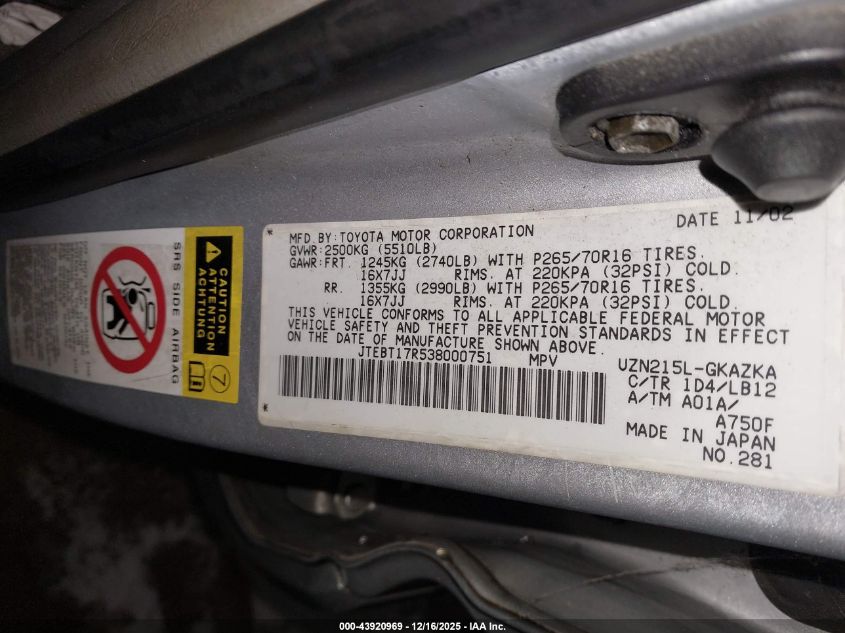 2003 Toyota 4Runner Limited V8 VIN: JTEBT17R538000751 Lot: 43920969