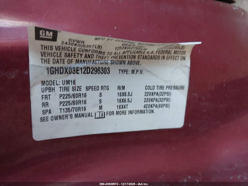 2002 Oldsmobile Silhouette Gl VIN: 1GHDX03E12D296303 Lot: 43920972