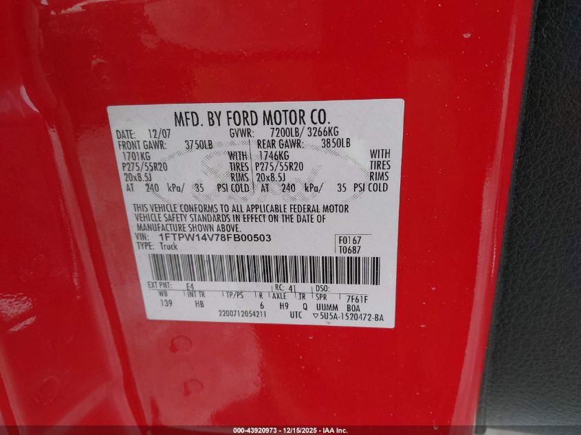2008 Ford F-150 60Th Anniversary/Fx4/King Ranch/Lariat/Xlt VIN: 1FTPW14V78FB00503 Lot: 43920973