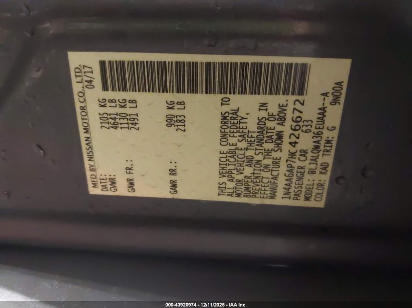 2017 Nissan Maxima 3.5 S VIN: 1N4AA6AP7HC426672 Lot: 43920974