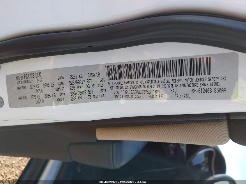 2017 Jeep Cherokee Latitude Fwd VIN: 1C4PJLCB2HW623753 Lot: 43920978