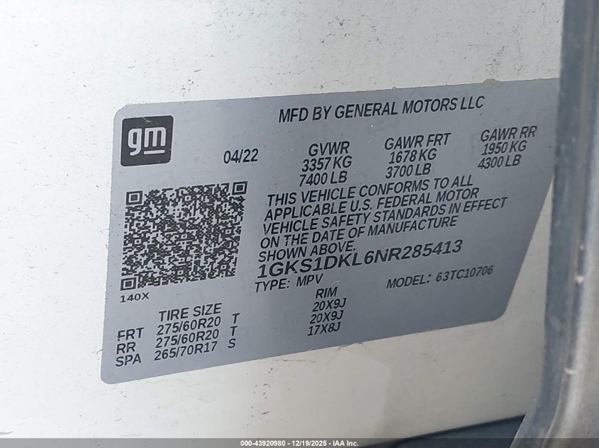 2022 GMC Yukon 2Wd Denali VIN: 1GKS1DKL6NR285413 Lot: 43920980