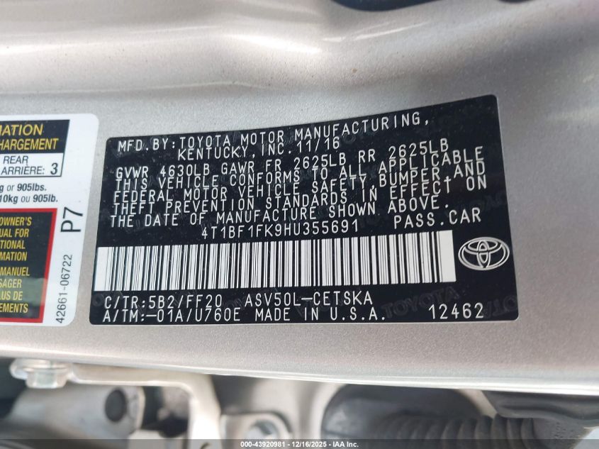 2017 Toyota Camry Se VIN: 4T1BF1FK9HU355691 Lot: 43920981