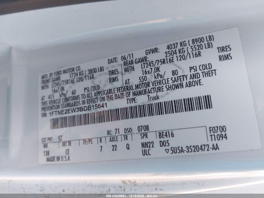 2011 Ford E-250 Commercial VIN: 1FTNE2EW3BDB15641 Lot: 43920983